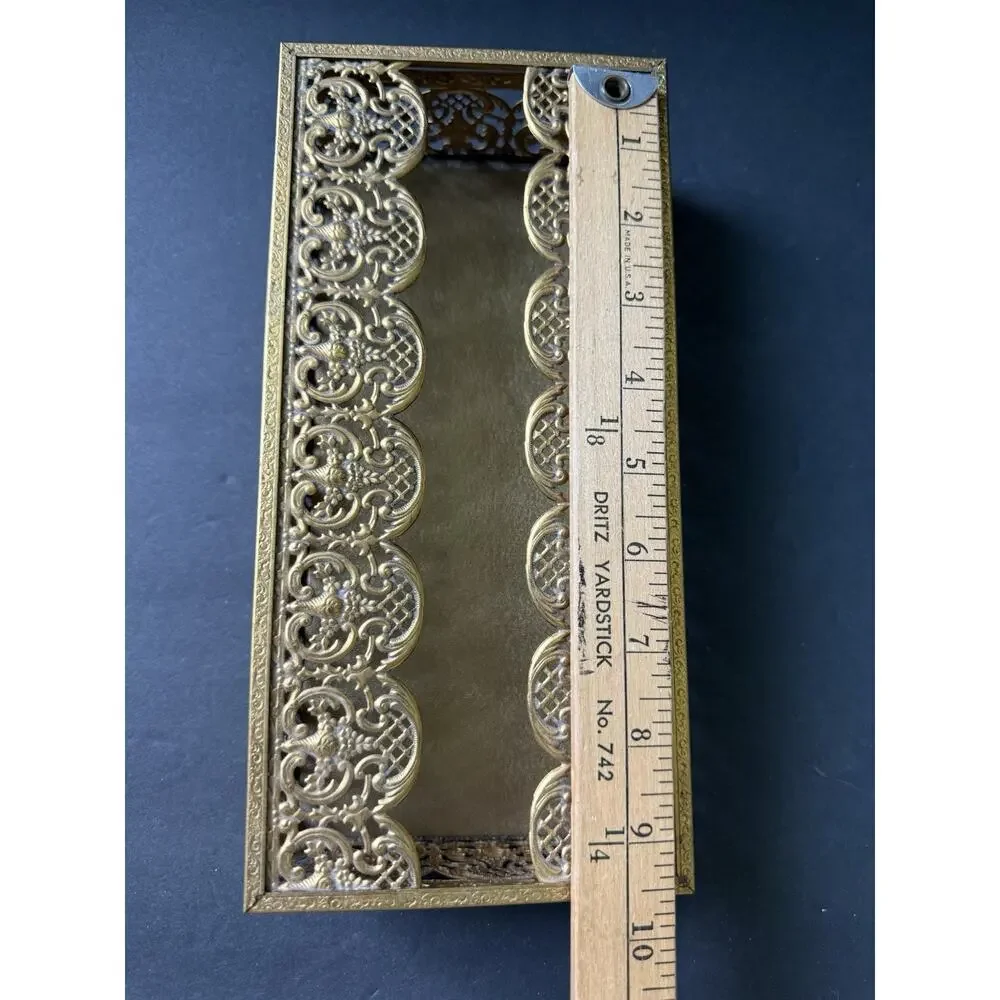 Hollywood Regency Gold Tone Filigree Tissue Box Holder Floral Pattern Vintage